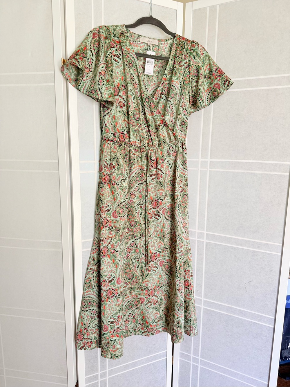 LOFT Sage Green Paisley Wrap Midi Dress with Pink Accents